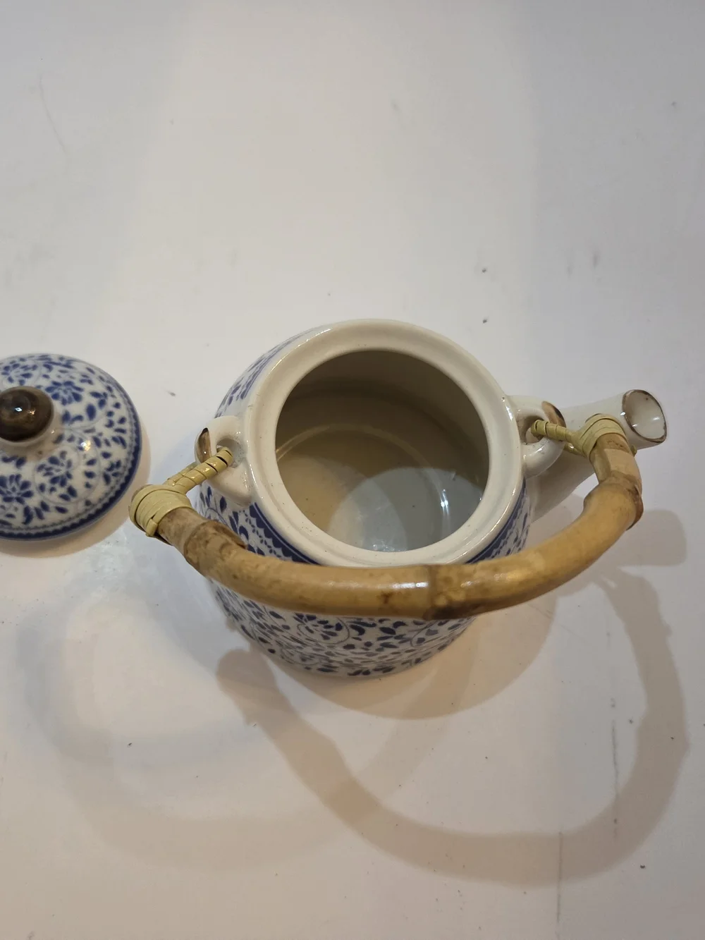 Vintage Chinese Blue and White Porcelain Teapot with Bamboo Handle - Floral Chin